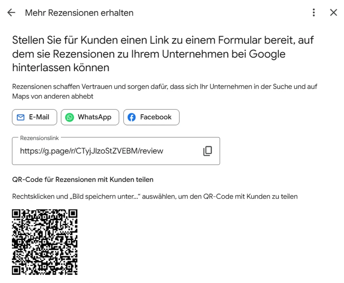 Deinen persönlichen Bewertungslink (hervorgehoben) kopieren – oder den QR-Code darunter teilen.